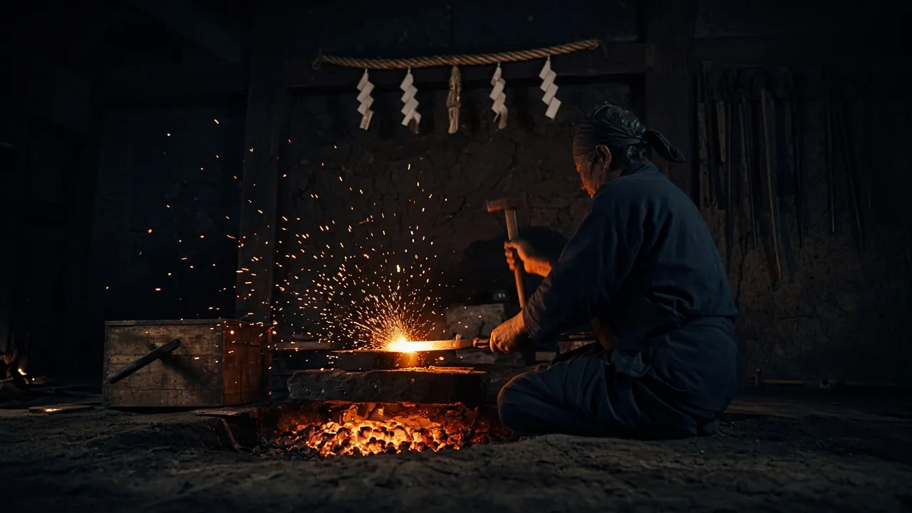 A smith hammering hot steel at a traditional sunken hearth