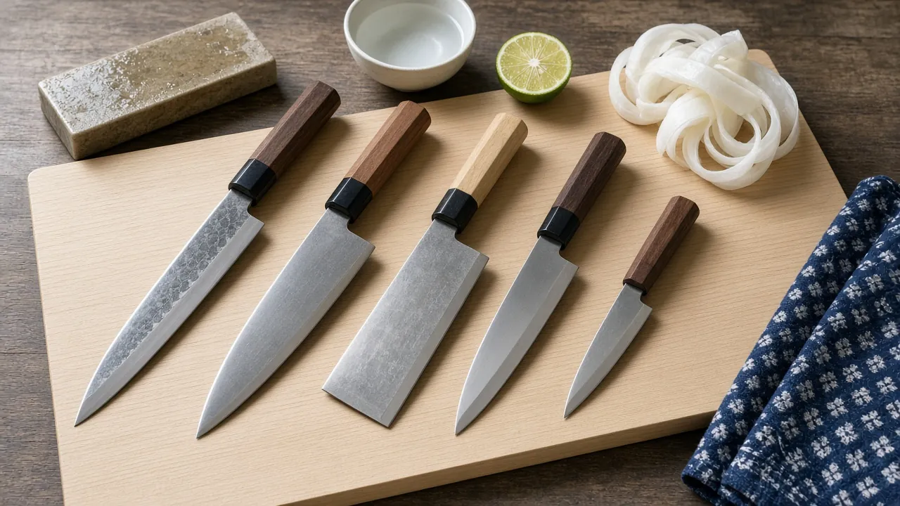 Five Japanese knife shapes laid out on a hinoki board