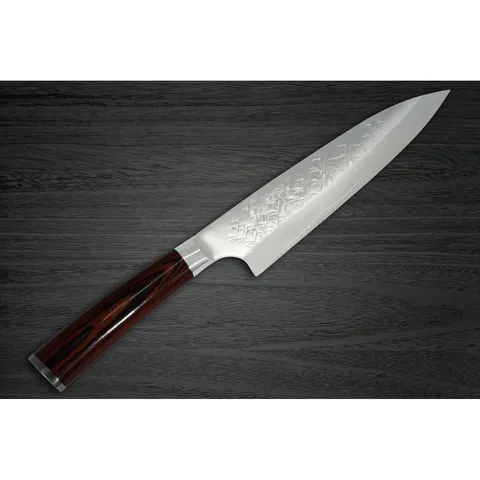 Takeshi Saji SRS13 Mirror Hammered PWR Japanese Chefs Gyuto Knife 210mm with Red Pakka Wood Handle