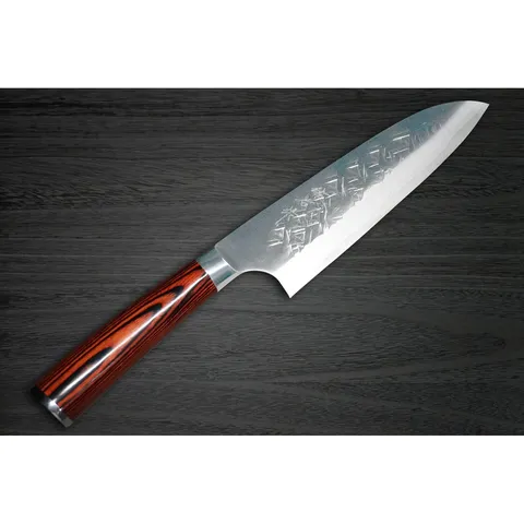 Takeshi Saji SRS13 Mirror Hammered PWR Japanese Chefs Santoku Knife 180mm with Red Pakka Wood Handle